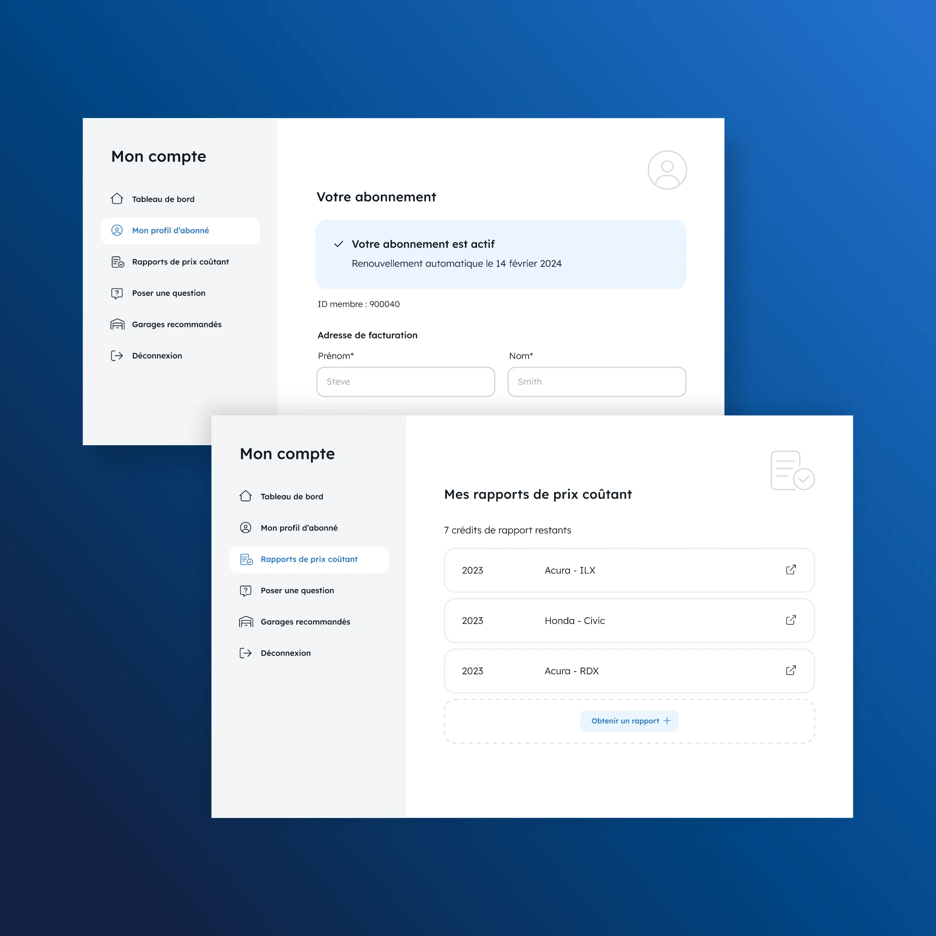 Deux écrans présentant deux onglets différents du portail client de l