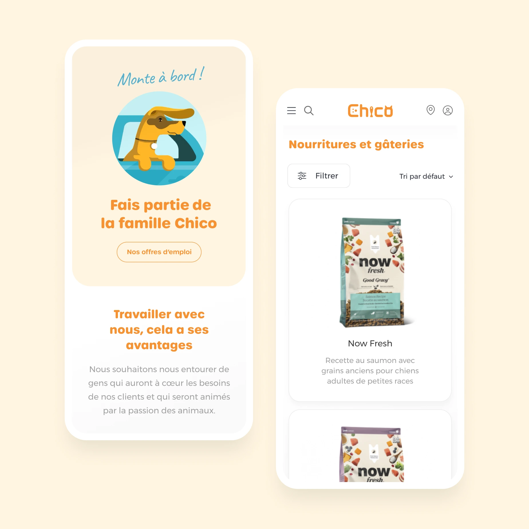 Écrans mobiles présentant la section «Carrières» et la boutique du site web de boutique d’animaux Chico