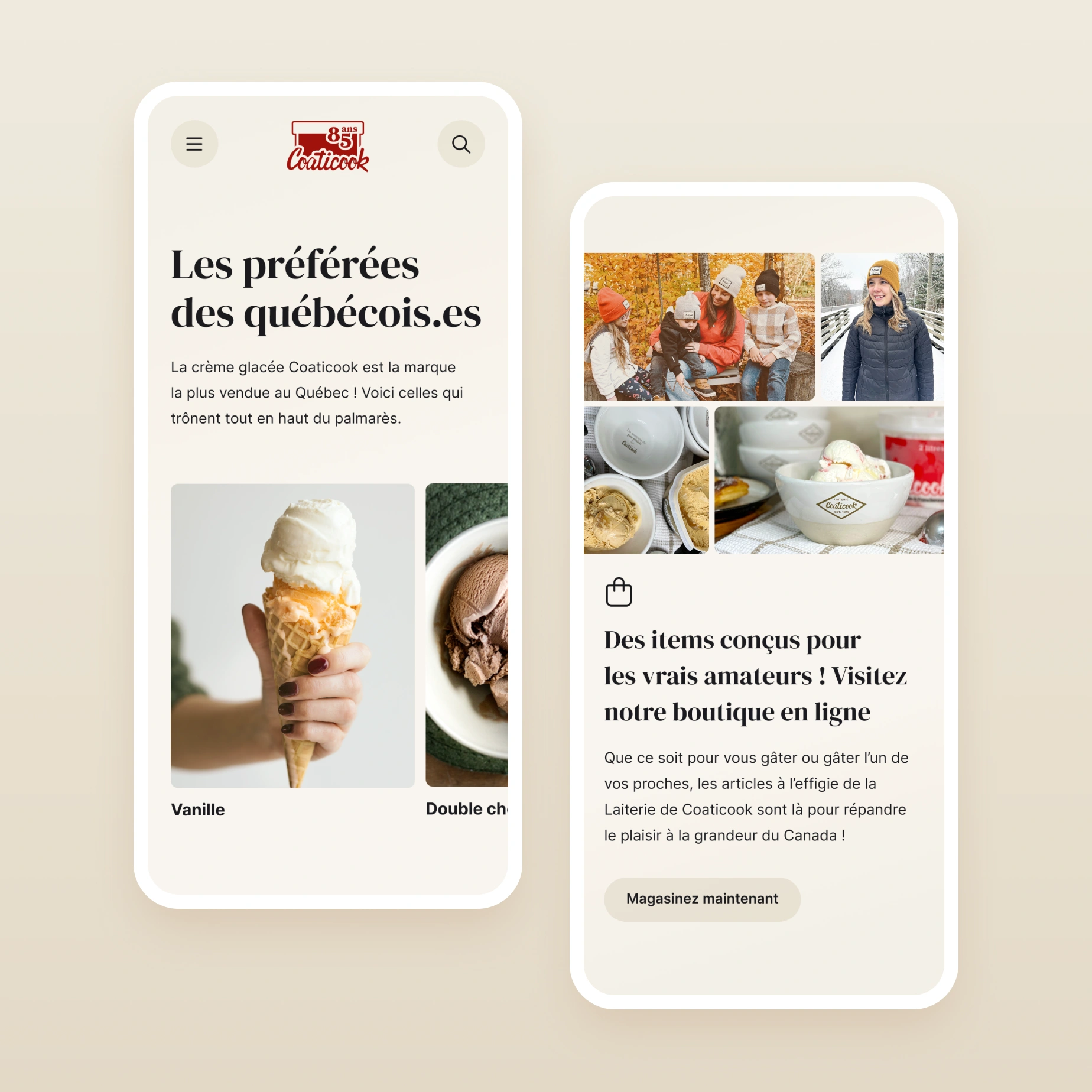 Deux écrans mobiles présentant des pages du site web de la laiterie de Coaticook.