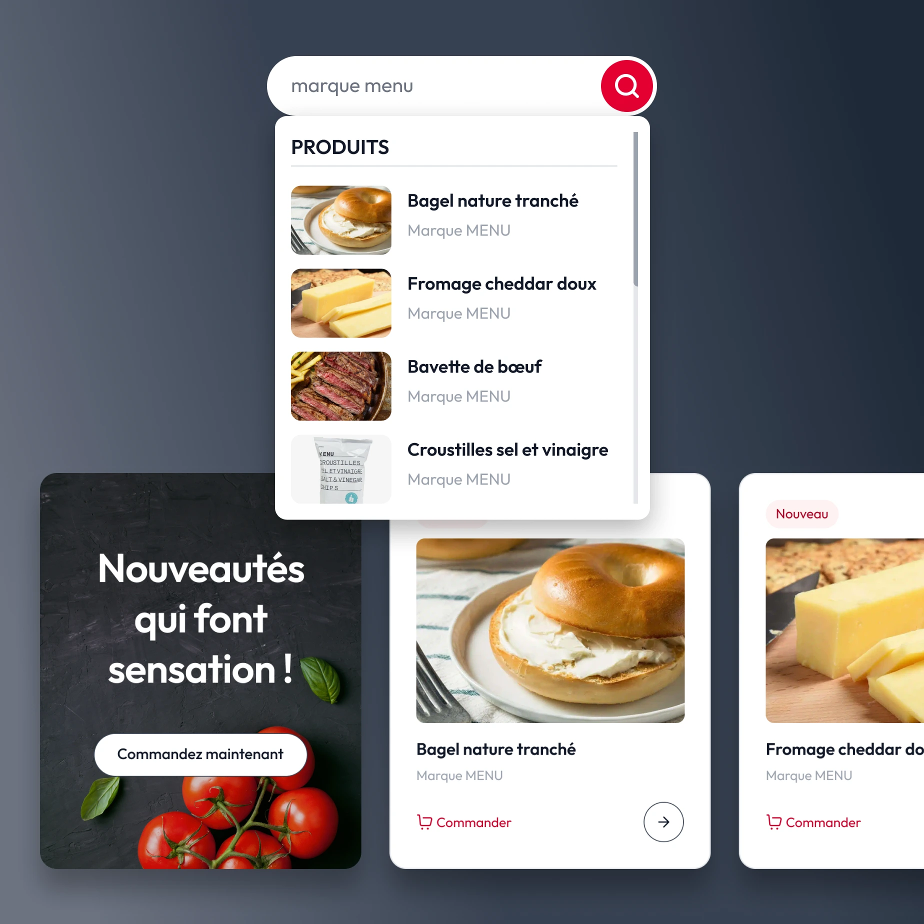 Exemple d’une recherche Algolia et d’affichage de produits sous forme de tuiles dans le catalogue de l’entreprise de distribution alimentaire Colabor.