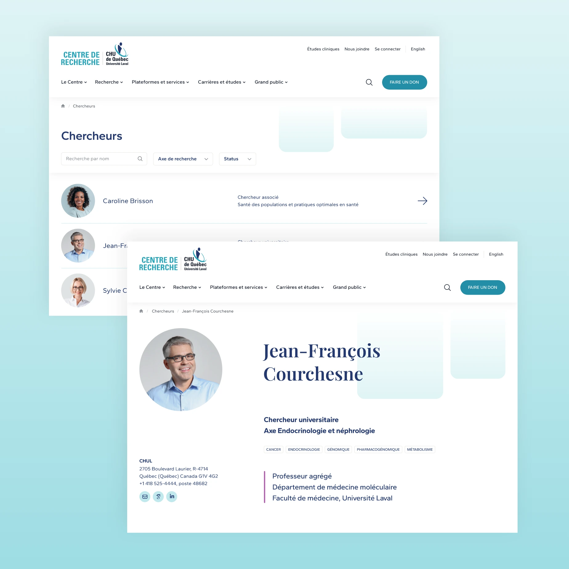 Section du site web dédiée aux chercheurs du Centre de recherche du CHU de Québec-Université Laval.