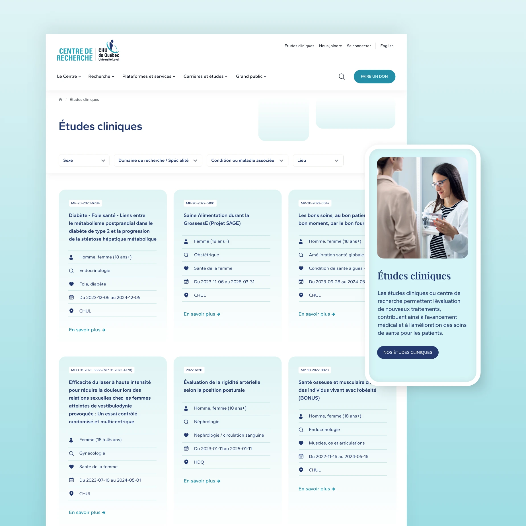 Section du site web dédiée aux études cliniques du Centre de recherche du CHU de Québec-Université Laval.
