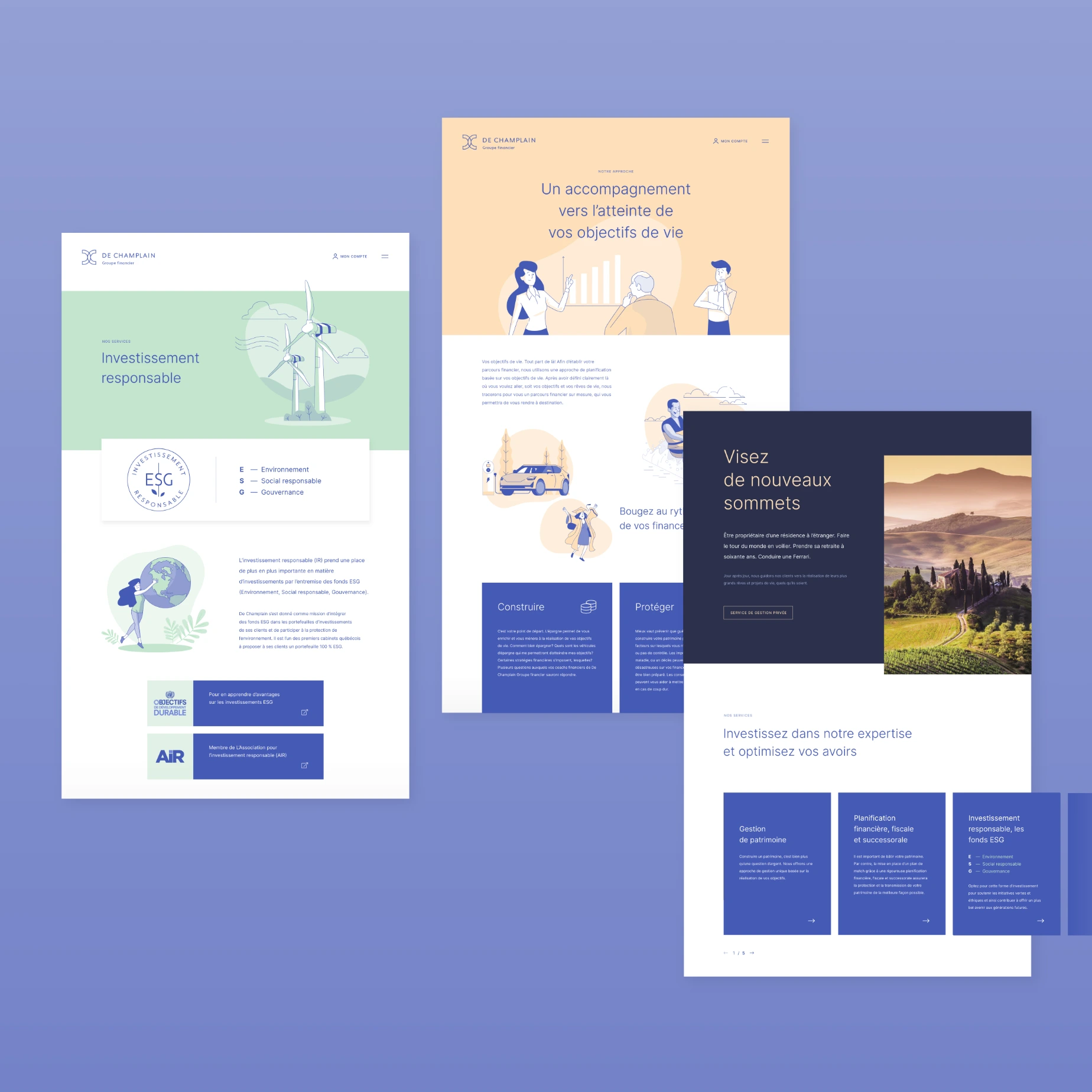 Trois pages web entières présentant différentes sections du site web de De Champlain Groupe financier.
