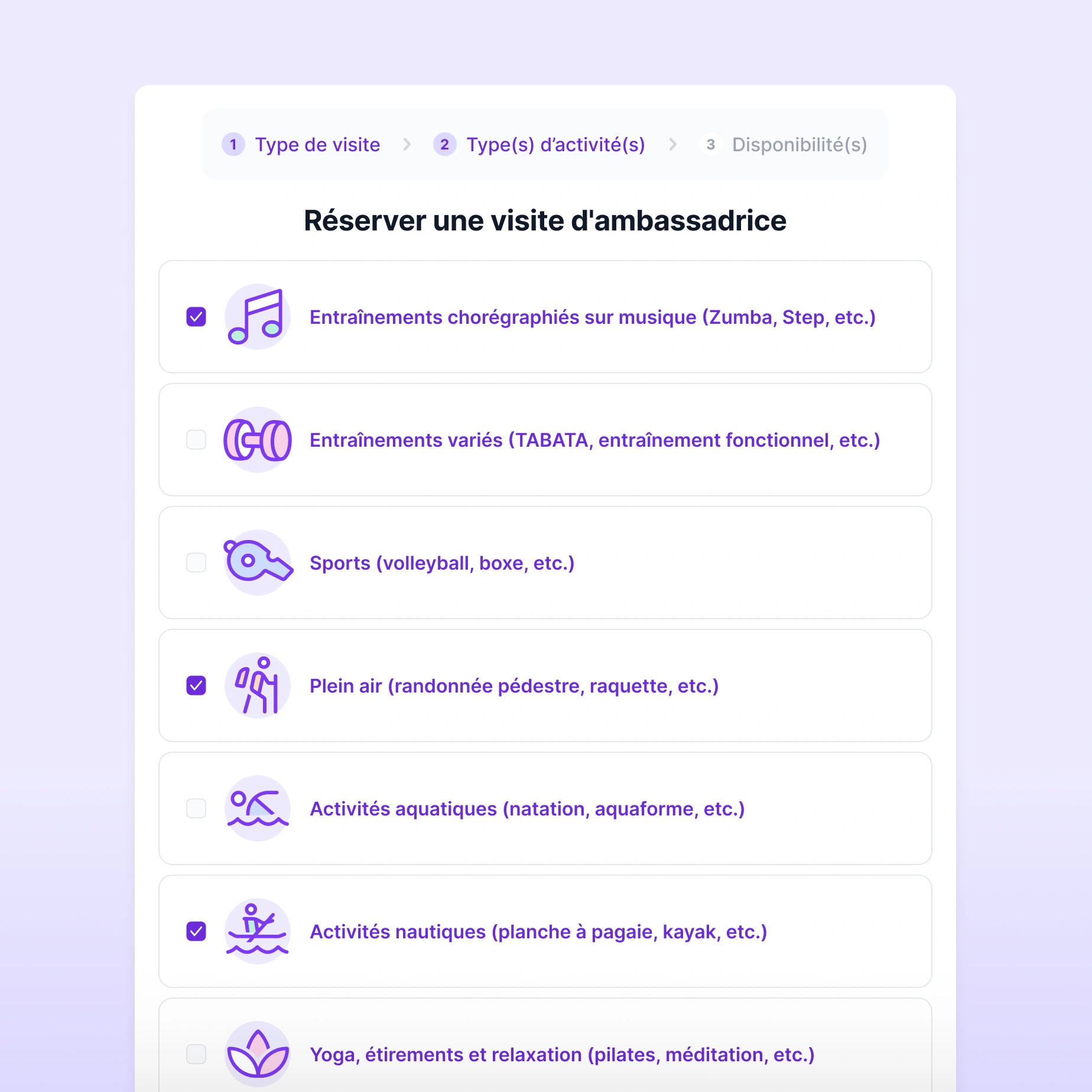 Exemple d’interface permettant à la responsable d’un établissement de réserver des visites d’ambassadrices.