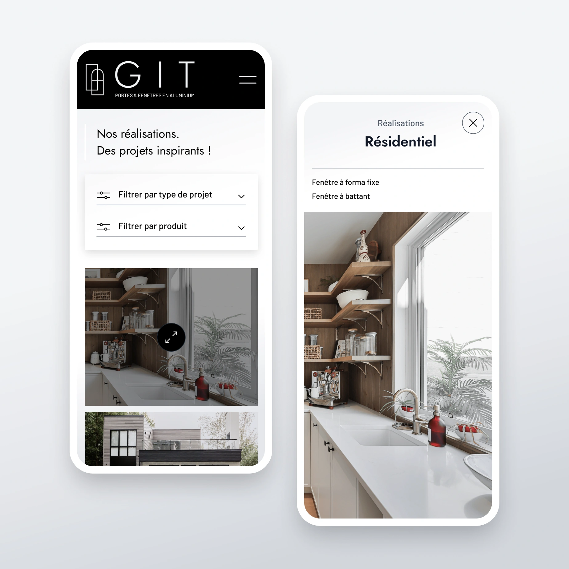 Deux écrans mobiles présentant la section des réalisations du site web de GIT Portes et fenêtres.