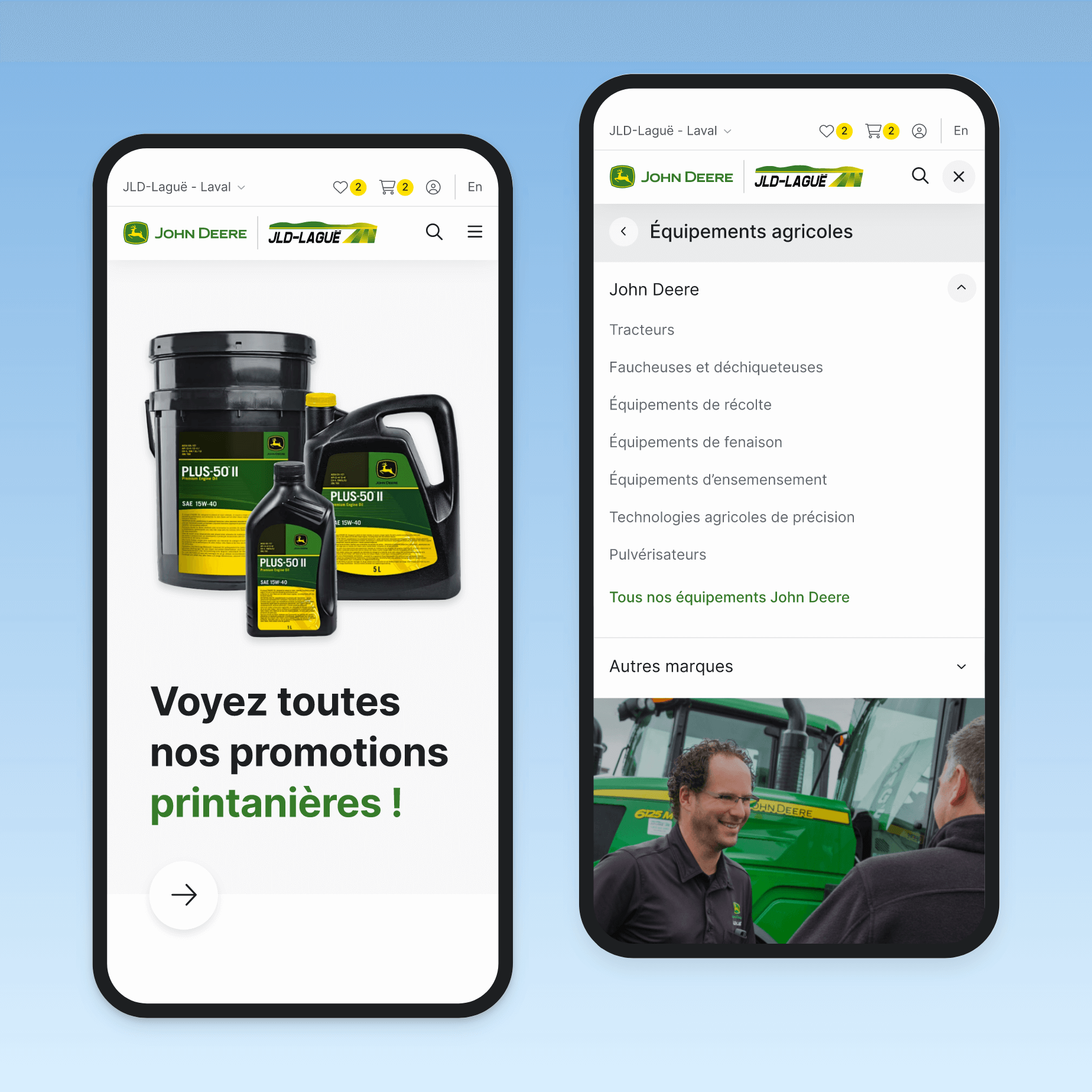 Écrans mobiles présentant le site web de JLD-Laguë, concessionnaire John Deere, affichant une navigation conviviale pour gérer les équipements et les ressources agricoles.