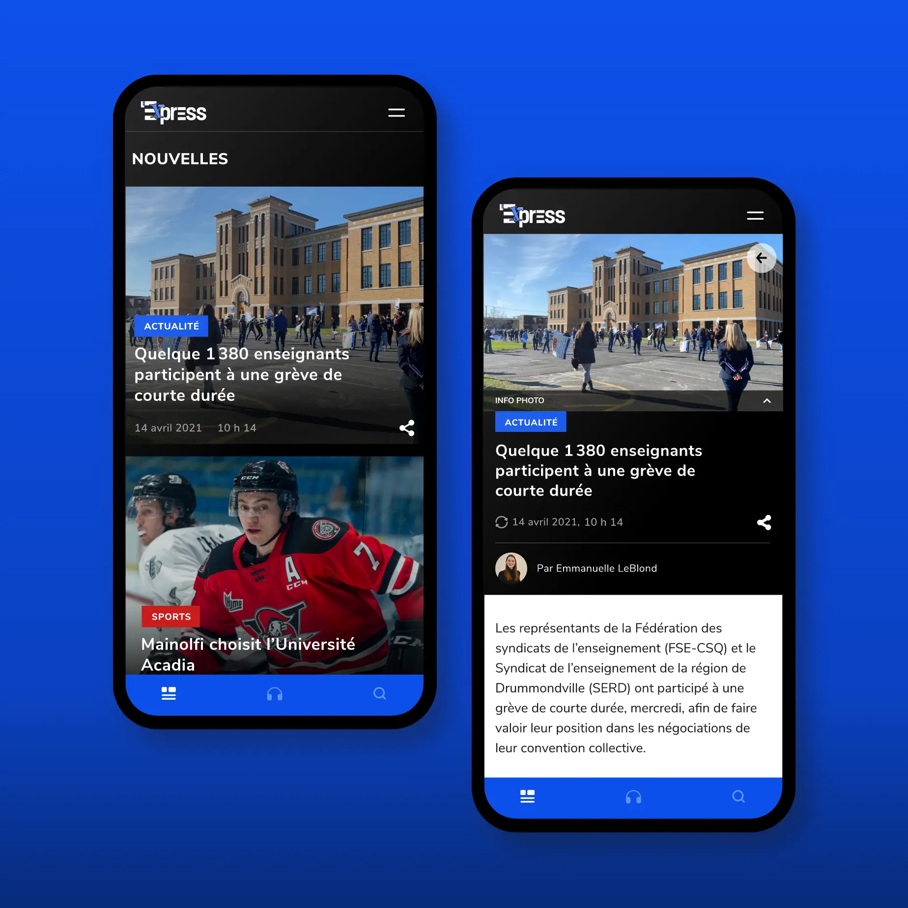 Deux écrans mobiles présentant la liste des articles et une page d