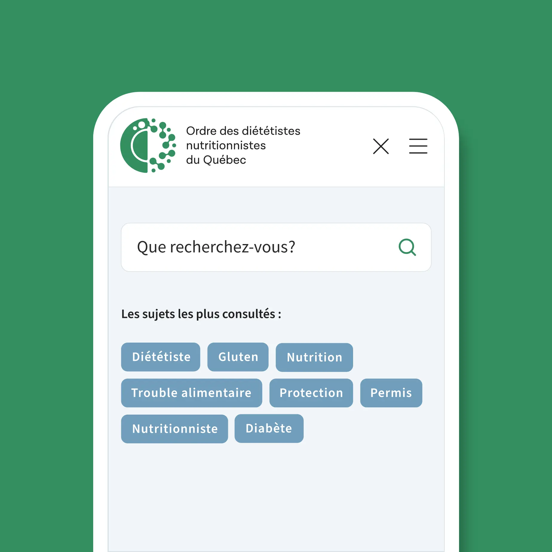 Écran mobile présentant la recherche globale du site web de l