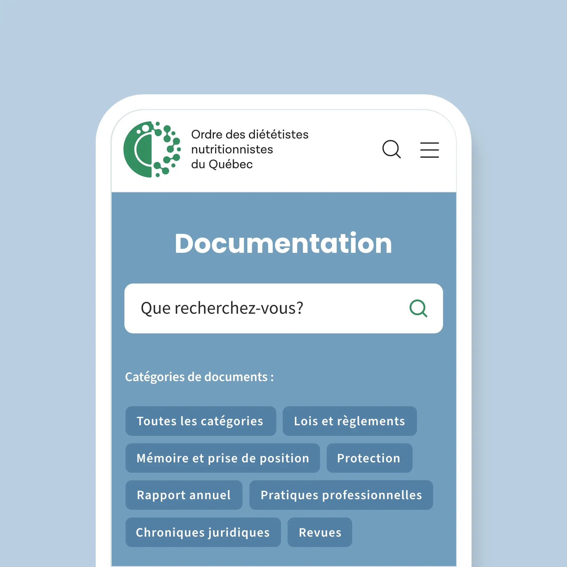 Écran mobile présentant la recherche dédiée à la documentation sur le site web de l