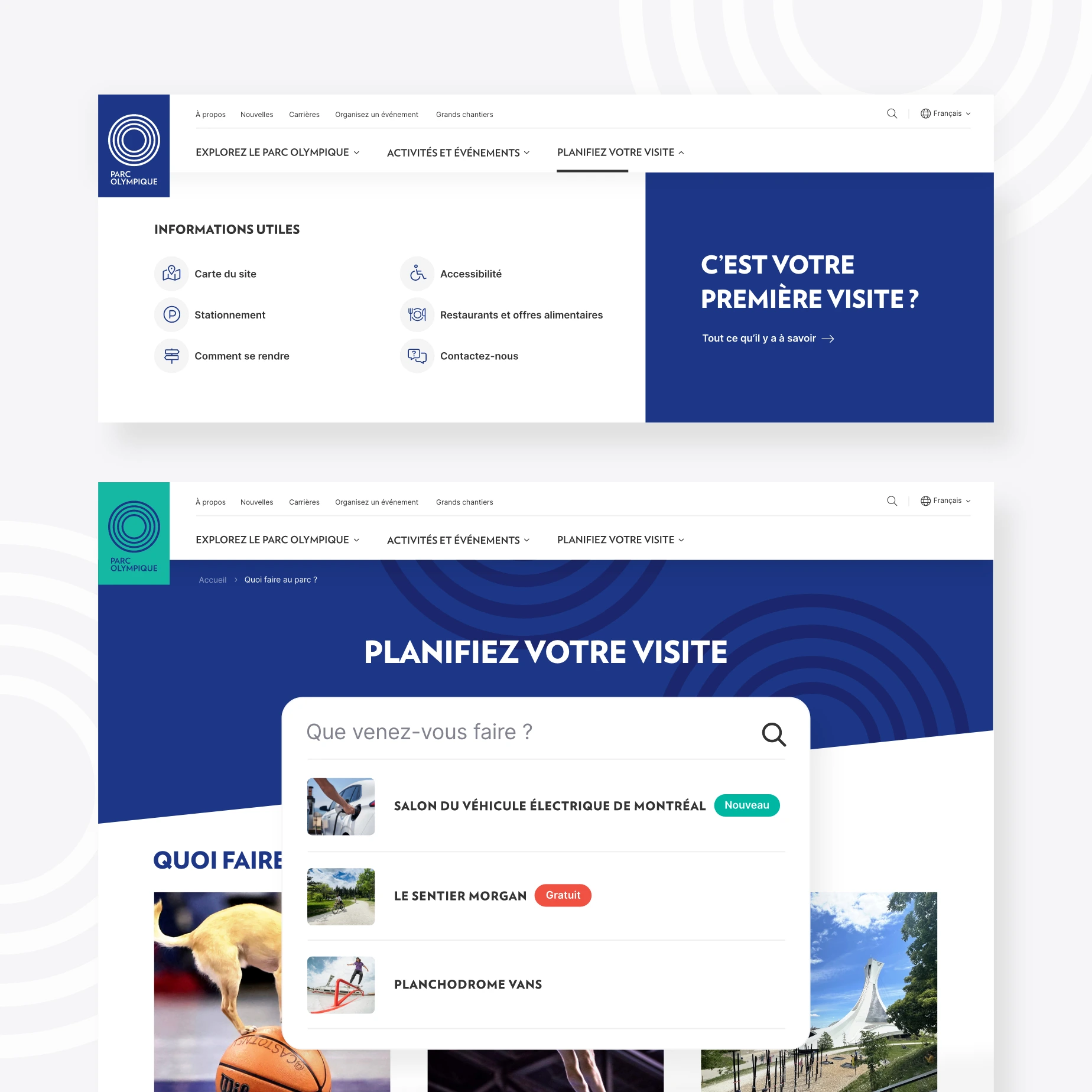 Écrans présentant le menu ouvert et la section «Planifiez votre visite» sur le site web du Parc Olympique de Montréal