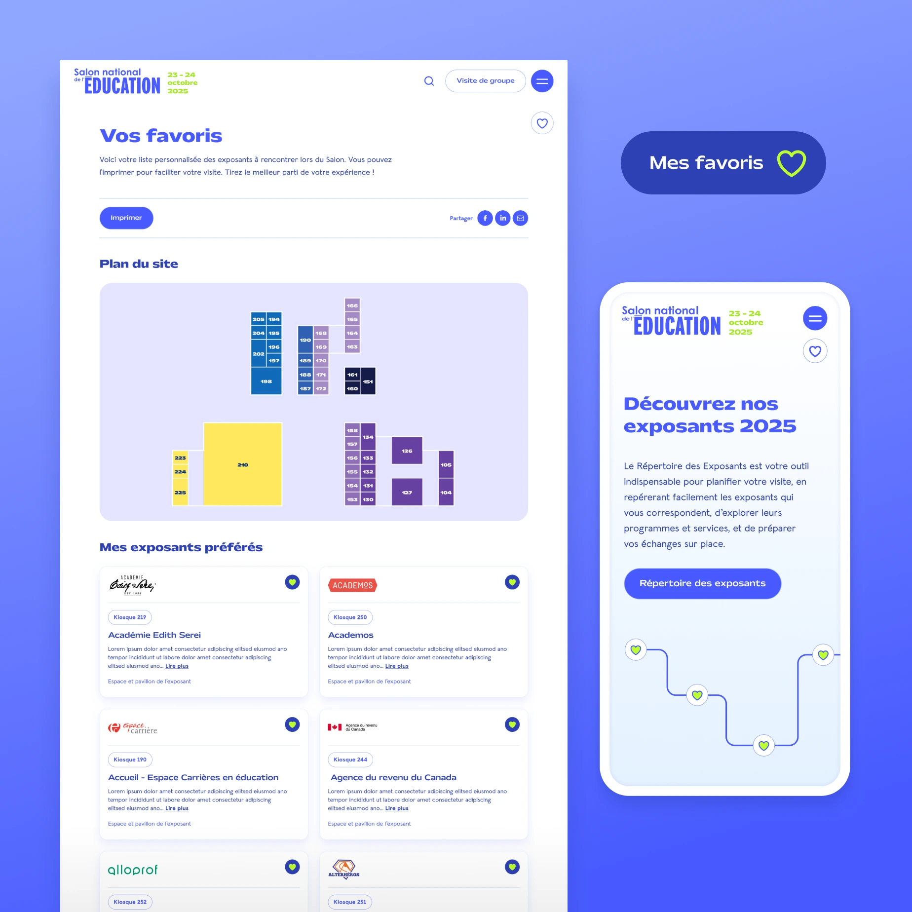 Écrans présentant la section dédiée aux favoris sur le site web du Salon national de l