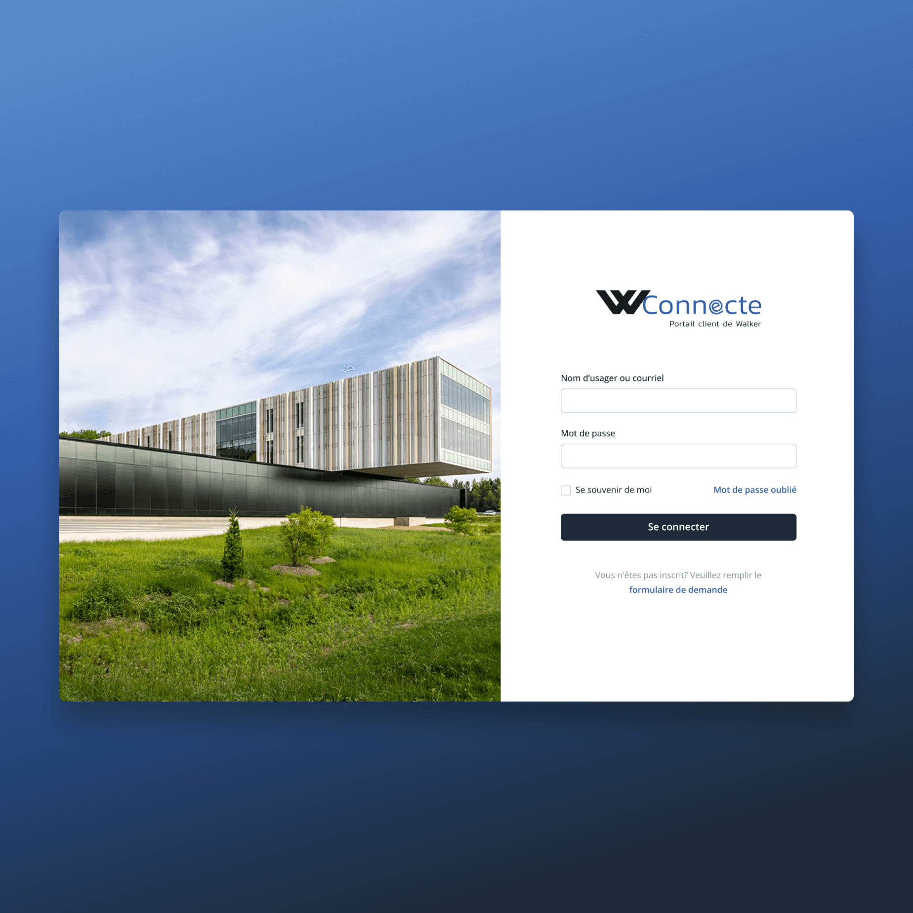 Interface de la page de connexion au portail client de gestion des inventaires et des commandes pour Verreries Walker.